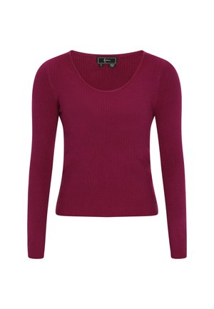 Pull en maille côtelée bordeaux à manches longues avec un décolleté rond et une coupe ajustée. Fabriqué dans un matériau extensible pour un ajustement confortable.