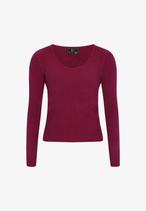Pull en maille côtelée bordeaux à manches longues avec un décolleté rond et une coupe ajustée. Fabriqué dans un matériau extensible pour un ajustement confortable.