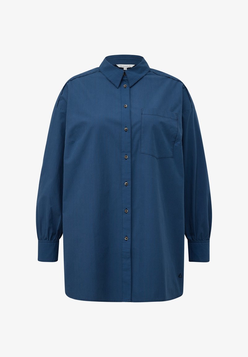 Blue striped long-sleeve shirt with a collar, button-down front, and a chest pocket. Features slightly puffed sleeves and a rounded hem.