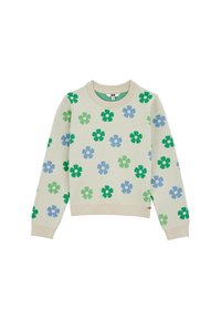 Ljusfärgad tröja med ett mönster av gröna, blå och teal blommor. Ribbad halsringning och ärmslut, mjuk textur och avslappnad passform.