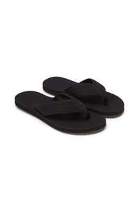 Black flip-flops with a textured fabric strap, rubber sole, and minimalistic design. The strap features a thin thong style and logo detail.