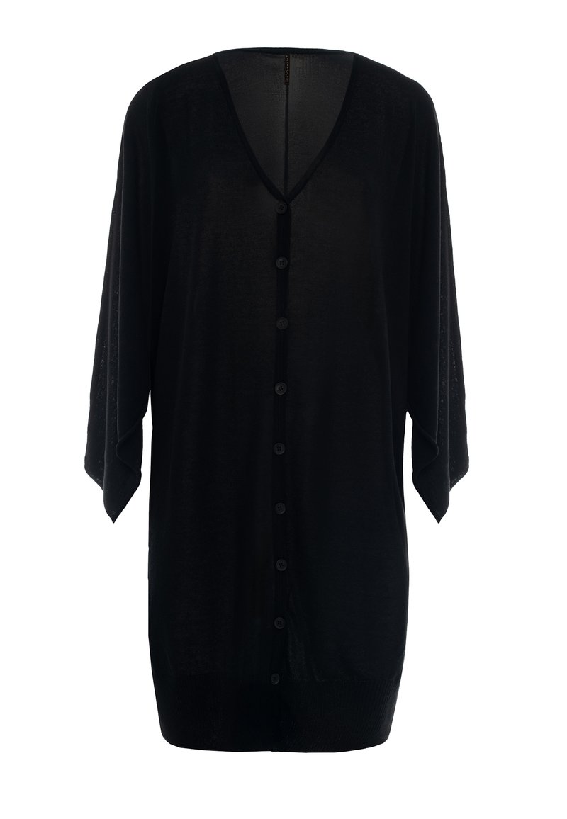 Cardigan leggero nero con scollo a V, maniche ampie e rilassate, e nove bottoni sulla parte anteriore. Tessuto morbido e vestibilità comoda.