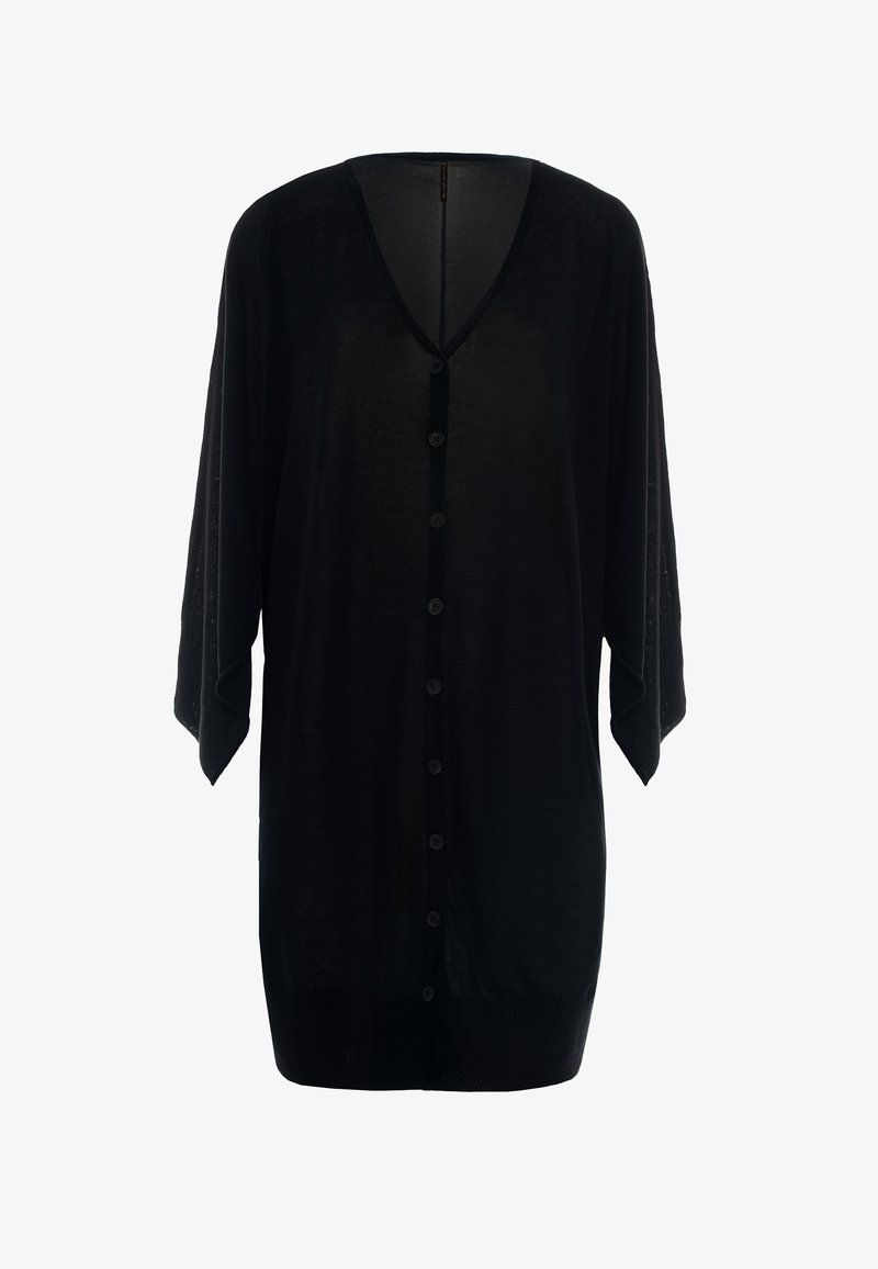 Cardigan leggero nero con scollo a V, maniche ampie e rilassate, e nove bottoni sulla parte anteriore. Tessuto morbido e vestibilità comoda.