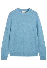 Jasnoniebieski sweter wykonany z miękkiego dzianinowego materiału, z okrągłym dekoltem, długimi rękawami, prążkowanym wykończeniem i subtelnym logo na piersi.