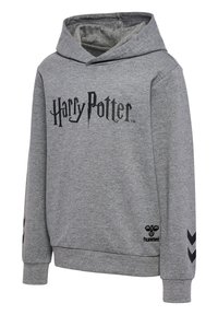 Felpa grigia con stampa frontale di "Harry Potter" in nero, dotata di cappuccio con cordini e dettagli a zigzag neri sulle maniche.