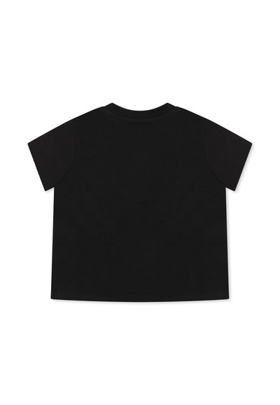 Maglietta nera in cotone con maniche corte, collo a giro e vestibilità comoda. Presenta una texture liscia e nessun logo o motivo visibile.