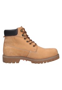Braune Leder-Stiefelette mit strukturiertem Obermaterial, schwarzem gepolstertem Kragen und brauner Gummisohle mit Profilmuster. Sechs Metallösen für die Schnürsenkel.