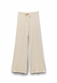 Beige wijde broek gemaakt van zacht materiaal; heeft een elastische tailleband met een trekkoord en een subtiele rafelrand aan de onderkant.