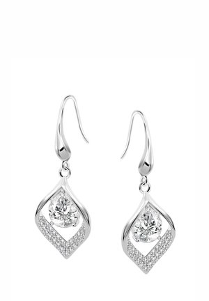 Silver earrings with a teardrop design, featuring a central clear diamond and a frame adorned with small silver stones.