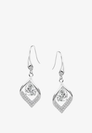 Silver earrings with a teardrop design, featuring a central clear diamond and a frame adorned with small silver stones.