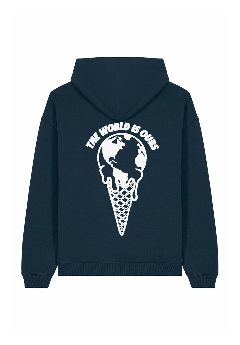 Felpa con cappuccio blu navy con una grande grafica bianca sul retro: un cono gelato con un globo che sta sciogliendo, con la scritta "IL MONDO È NOSTRO" sopra.