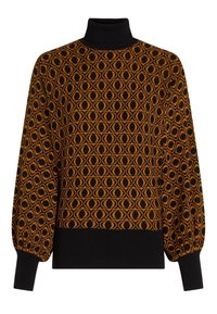 Strickpullover mit hochgeschlossenem Kragen, der ein sich wiederholendes Muster aus schwarzen und orangefarbenen kreisförmigen Designs auf einem dunklen Hintergrund zeigt. Puffärmel.