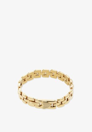 Bracciale in tono oro con maglie a catena rettangolari e una chiusura distintiva incisa con il nome del designer.