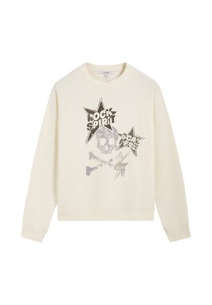 Sudadera de manga larga color crema con puños acanalados, que presenta un gráfico desgastado de calavera y tibias cruzadas con los textos "Rock Spirit" y "Scalpers" dentro de formas de estrellas.