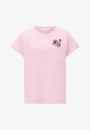 T-shirt di cotone rosa con maniche corte. Presenta un design floreale ricamato in viola scuro sulla parte sinistra del petto. Collo girocollo classico.