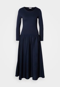 Robe bleu marine à manches longues avec corsage ajusté et jupe drapée fluide s'étendant jusqu'à mi-mollet.