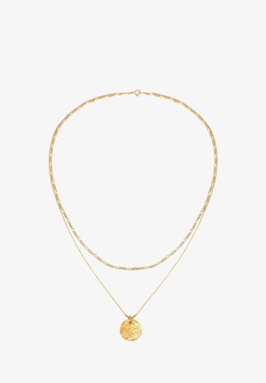 Collier chaîne en or à double couche avec une chaîne simple et une chaîne tenant un pendentif circulaire texturé.