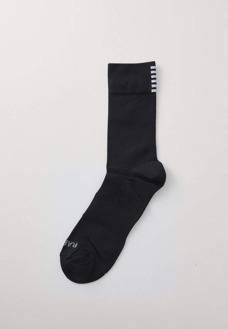 Black athletic sock featuring a textured body, smooth toe, and a ribbed cuff with three white vertical stripes at the top.