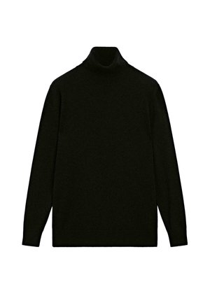 Maglione nero a maniche lunghe con colletto a dolcevita, dal design semplice e polsini aderenti, su sfondo bianco.