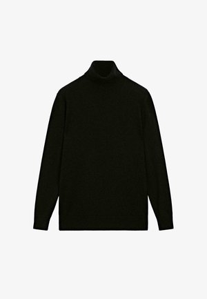 Black long-sleeve turtleneck sweater with a plain design and fitted cuffs on a white background.