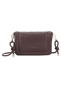Brown leather crossbody bag with gold hardware, flat rectangular shape, textured surface, featuring a knot detail on the strap and embossed logo.
