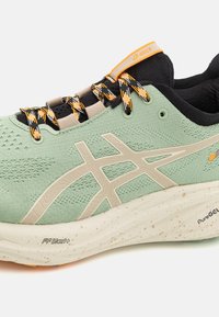 Baskets de course vert clair avec une tige en mesh texturé, accents beiges, doublure noire et logo orange ; dotées de lacets multicolores et d'une semelle mouchetée.