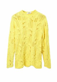 Pull jaune tricoté avec un motif ajouré texturé. Il présente un col rond et des manches longues, offrant une coupe ample et un motif complexe.