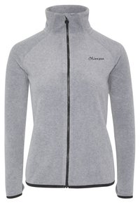 Szary polarowy kurtka z wysokim kołnierzem, pełnym zamkiem błyskawicznym i czarnymi akcentami. Posiada długie rękawy i logo "Chiemsee" z przodu.