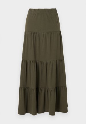Φουστάνι μάξι σε στρώσεις ελιάς με ελαστική μέση και ραμμένα πάνελς υφάσματος.