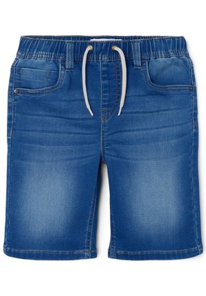 Niebieskie szorty z denimu z elastycznym pasem i białym ściągaczem, przednimi kieszeniami oraz wyblakłymi detalami na udach.