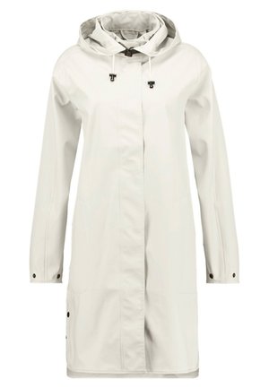 Imperméable léger de couleur crème avec une capuche, une fermeture éclair à l'avant et des boutons-pression. Dispose de poches latérales et d'une texture lisse et imperméable.