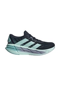 Baskets de course Adidas noires et turquoise avec semelle rembourrée, trois bandes sur le côté et tige texturée, vues de l'extérieur.