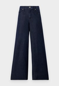 Jean en denim bleu foncé à taille haute, large coupe, avec cinq poches et des détails en métal sur le bouton et la fermeture éclair.