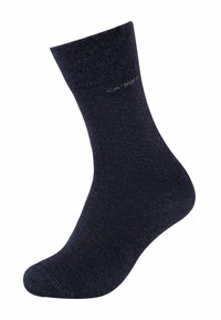 Marineblaue, knöchelhohe Socke aus einem glatten, dehnbaren Material mit verstärkter Zehen- und Fersenpartie. Subtiles Logo-Detail nahe dem Bündchen.