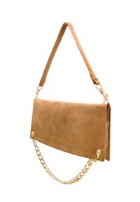 Borsa a pochette in suede marrone con una texture liscia, dotata di una tracolla in oro e di un manico in pelle rimovibile. Design rettangolare semplice.