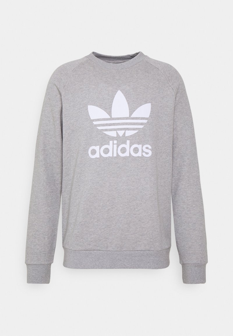 Felpa grigia realizzata in misto cotone, con logo Adidas bianco e design a tre strisce. Collo a giroclassico e polsini a costine.