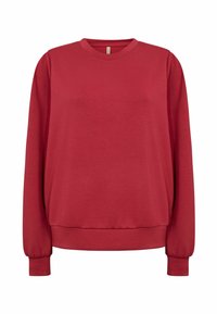 Röd sweatshirt med långa ärmar, rund halsringning och ribbade mudd. Mjuk tygkvalitet med avslappnad passform och inga synliga mönster eller detaljer.