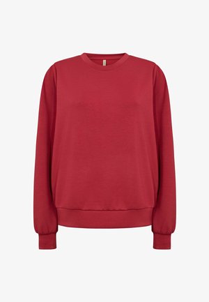 Röd sweatshirt med långa ärmar, rund halsringning och ribbade mudd. Mjuk tygkvalitet med avslappnad passform och inga synliga mönster eller detaljer.