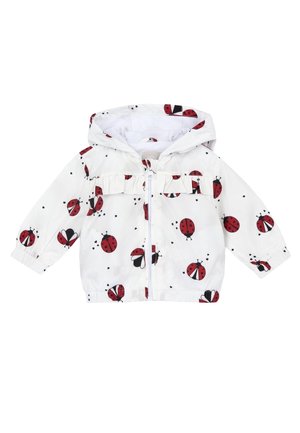 Biała kurtka dla małego dziecka z kapturem, z czerwonymi i czarnymi nadrukami biedronek oraz zamkiem z przodu.