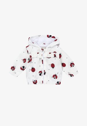 White toddler hooded jacket with red and black ladybug prints and a front zipper.