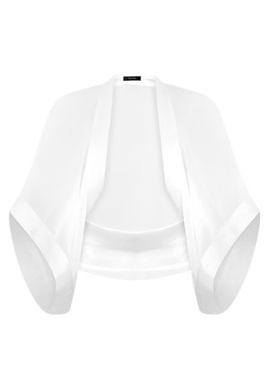 Witte doorschijnende bolero van stof met brede mouwen en een cropped design. Heeft een gladde textuur en gevouwen satijnen biezen langs de manchetten.