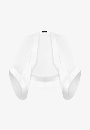 Boléro en tissu blanc transparent avec manches larges et coupe courte. Présente une texture lisse et une bordure en satin plié le long des poignets.