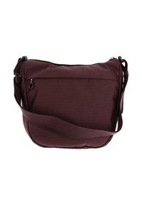 Sac bandoulière bordeaux en tissu texturé, avec une poche zippée à l'avant et une bandoulière réglable sur fond blanc.