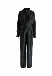 Black denim jumpsuit with long sleeves, collar, two front pockets, cinched waist, and straight leg design. No visible patterns or hardware.