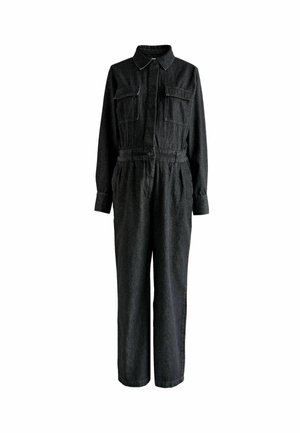 Black denim jumpsuit with long sleeves, collar, two front pockets, cinched waist, and straight leg design. No visible patterns or hardware.