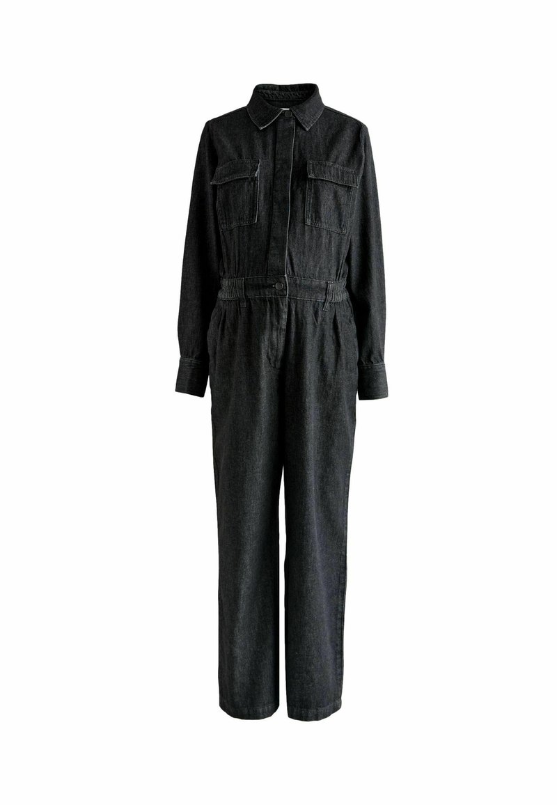 Black denim jumpsuit with long sleeves, collar, two front pockets, cinched waist, and straight leg design. No visible patterns or hardware.