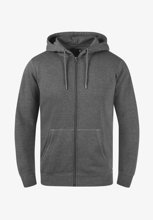 Grå zip-up hættejakke lavet af blødt materiale, med en stor hætte, snore og to forlommer. Glat tekstur med forstærkede manchetter.