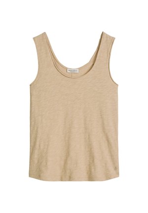 Débardeur beige sans manches à encolure dégagée, avec une texture subtile et un petit logo près de l'ourlet inférieur sur fond blanc.