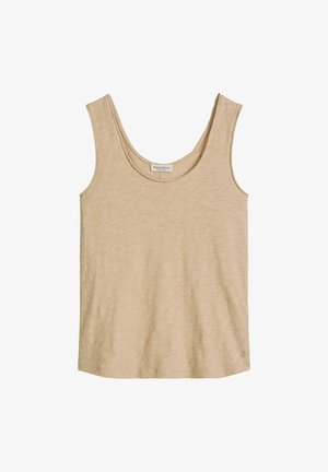 Beige sleeveless scoop-neck tank top with subtle texture and small logo near bottom hem on white background.