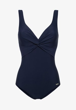 Costume da bagno intero navy con design frontale arricciato, spalline larghe e texture liscia. Presenta un piccolo logo metallico sul lato.